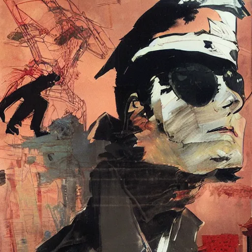 Image similar to a portrait of corto maltese dreaming about the forbidden city of valparaiso and the tango dancer he met there, oil on canvas by dave mckean and yoji shinkawa