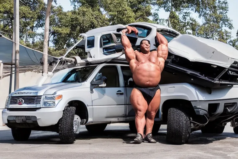 Image similar to a very large man with very strong muscles using both of his hands to hold a vehicle over his head