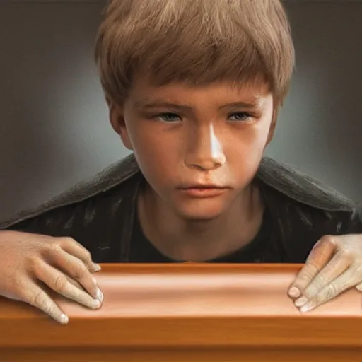 Prompt: a boy sitting on a coffin in a church, photorealistic, highly detailed, very detailed eyes, snake eyes, hyperrealism