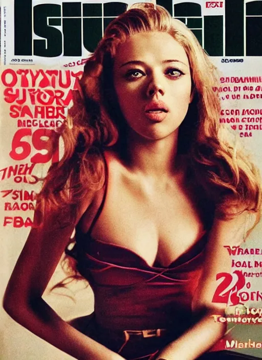 Image similar to photo of beautiful scarlett johannson on the cover of sports illustrated 1 9 7 0 by mario testino, detailed, vintage 1 9 7 0 print, sony a 7 r