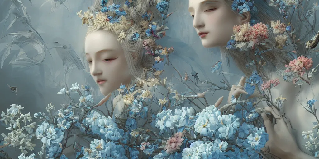 Image similar to breathtaking detailed concept art painting art deco pattern of blonde faces goddesses amalmation light - blue flowers with anxious piercing eyes and blend of flowers and birds, by hsiao - ron cheng and john james audubon, bizarre compositions, exquisite detail, extremely moody lighting, 8 k