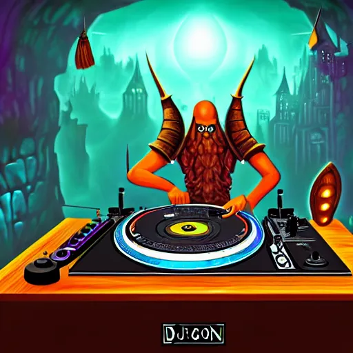 Image similar to fantasy painting of a dj set with turntable in a fantasy dungeon in the style of dnd,