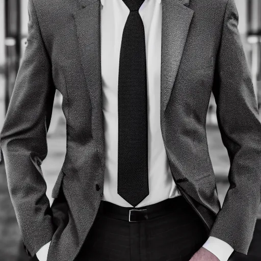 Prompt: full shot photograph of a black suit with a black shirt and silver tie, photorealistic photograph cinematic lighting intricate detailed 8 k resolution