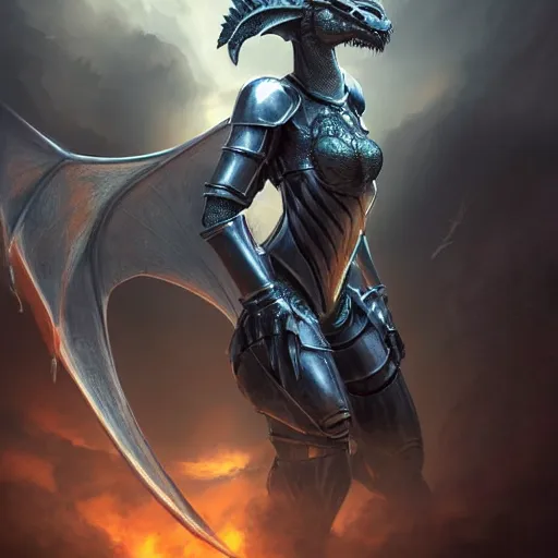 Image similar to stunning cinematic elegant back end shot with and upward angle, of a beautiful female knight, but as an anthropomorphic female dragon, well designed highly detailed cute female dragon head with slick eyes, looking back at the camera, well armored, sharp claws, arms crossed, HD octane render, fantasy, furry art, Artstation, Deviantart, Furaffinity