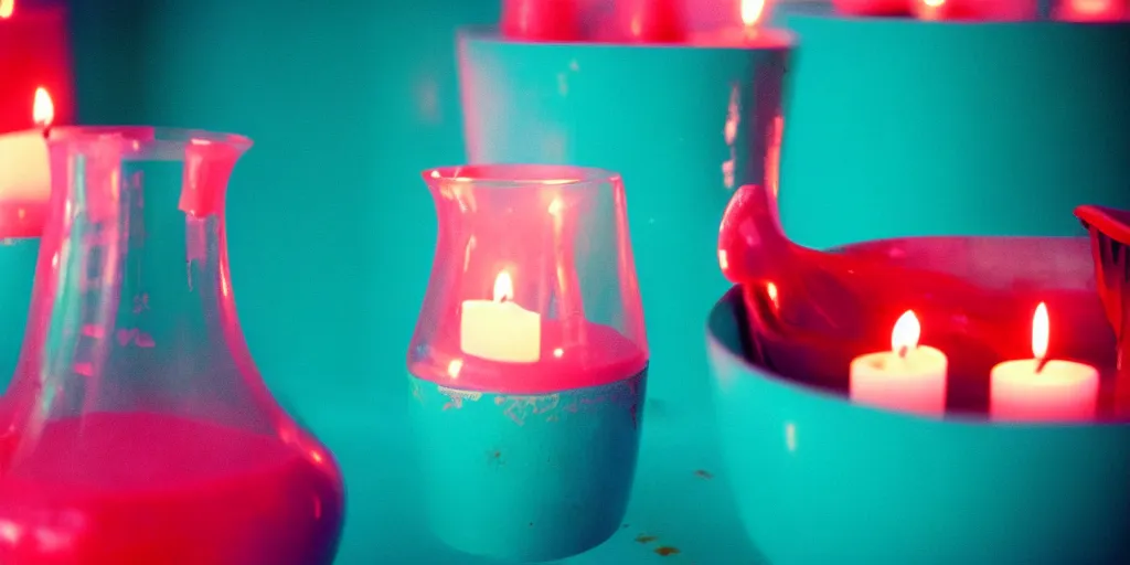 Image similar to macro of a vessel full of blood, it's in the corner of a room that's lit with candles, turquoise and pink lighting, 1980s, cinestill 800t