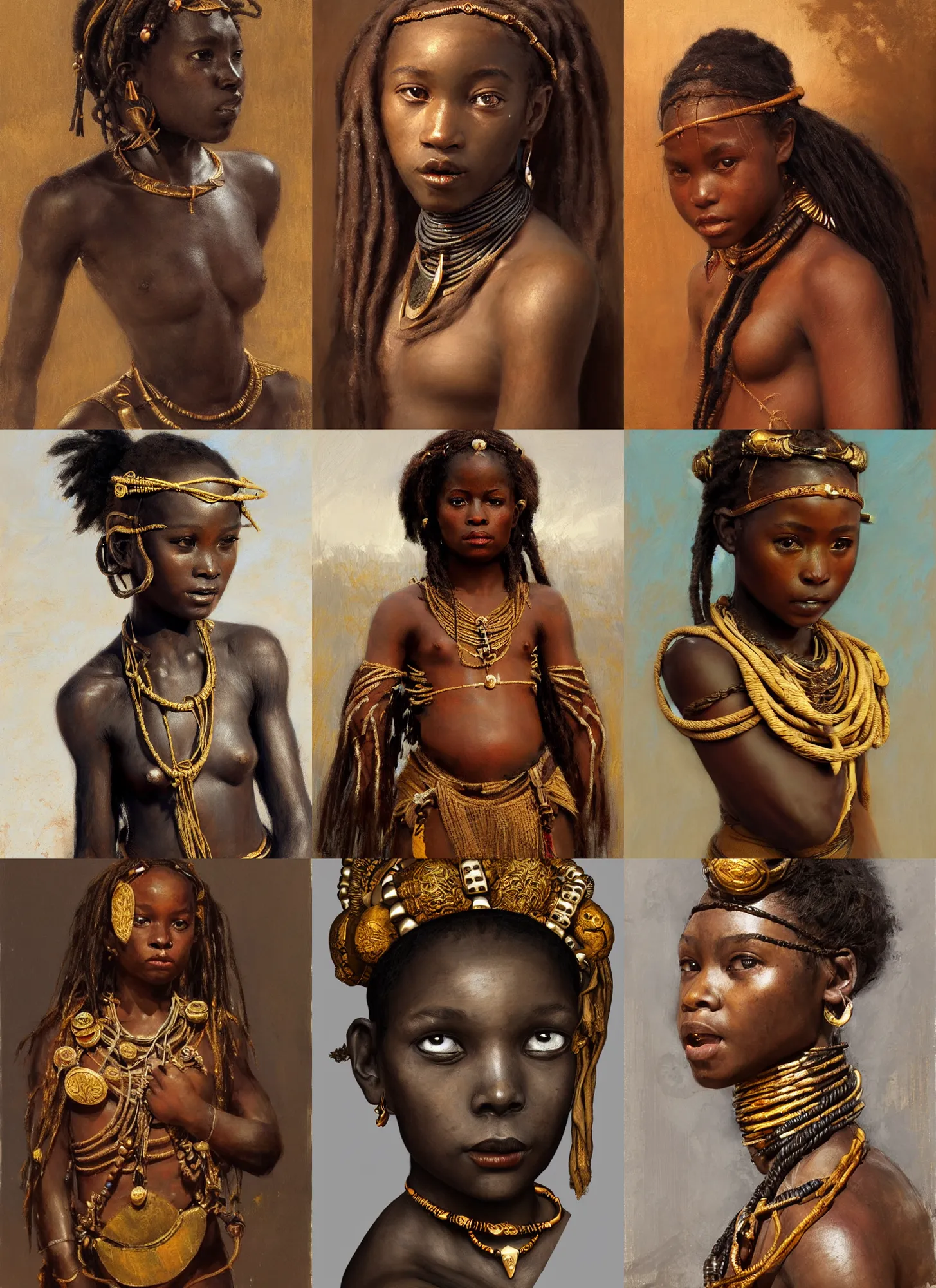 Prompt: black girl as himba princess, golden torc, intricate, elegant, highly detailed, artstation, concept art, sharp focus, ruan jia, jurgens, orientalism, bouguereau