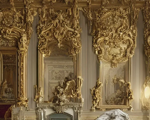 Image similar to photo of rococo interior, hyperrealism, extreme detail, intricate, elegant, highly detailed, sharp focus