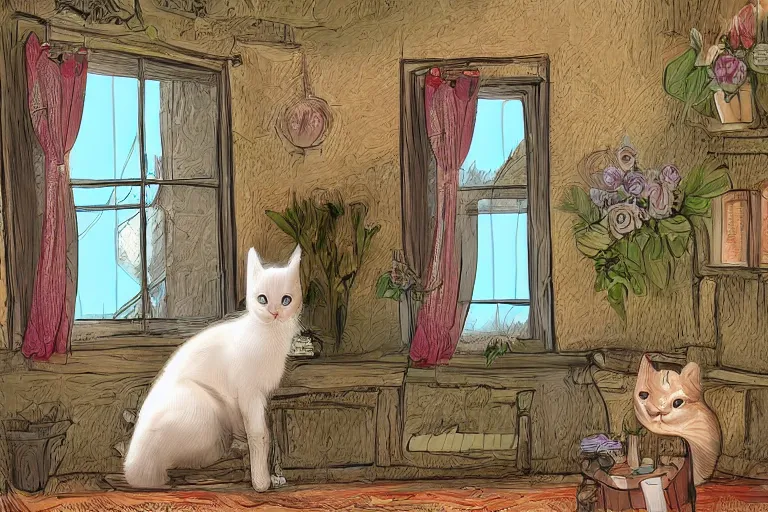 Image similar to a very very very very detailed digital art of Cute singular Cat in Provence style Room,