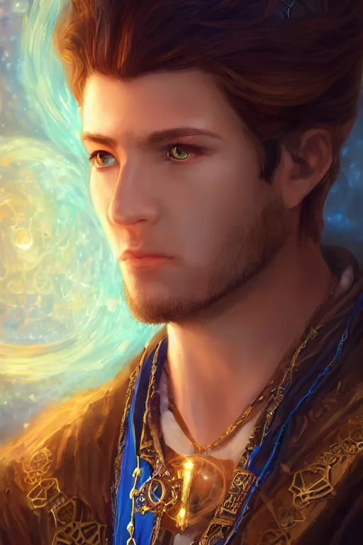 Prompt: beautiful portrait of a handsome young male wizard wearing a fancy blue tunic, l medallion!! around neck, art by wlop and artgerm, steampunk fiction, detailed deep blue eyes, ( long dark brown hair in ponytail!!!! ), space background, artstation, sharp focus, illustration, caustics, octane render, 4 k, radiant light