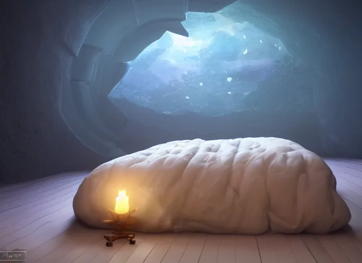 Prompt: a beautiful 3 d render of a sleeping brain tucked under the covers in a cozy bed in a cozy bedroom at night, lit by moonlight, epic composition, rendered in arnold, by thomas kinkade, raphael lacoste, makoto shinkai, expansive view, rule of thirds golden ratio clean, light effect, 8 k, maya renderer, unreal engine