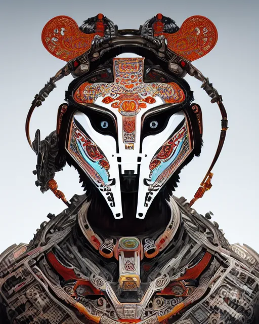 Image similar to portrait of a machine from horizon zero dawn, machine face, upper body, decorated with chinese opera motifs, asian, traditional chinese art, intricate, elegant, highly detailed, digital painting, artstation, concept art, smooth, sharp focus, illustration, art by artgerm and greg rutkowski and alphonse mucha, 8 k