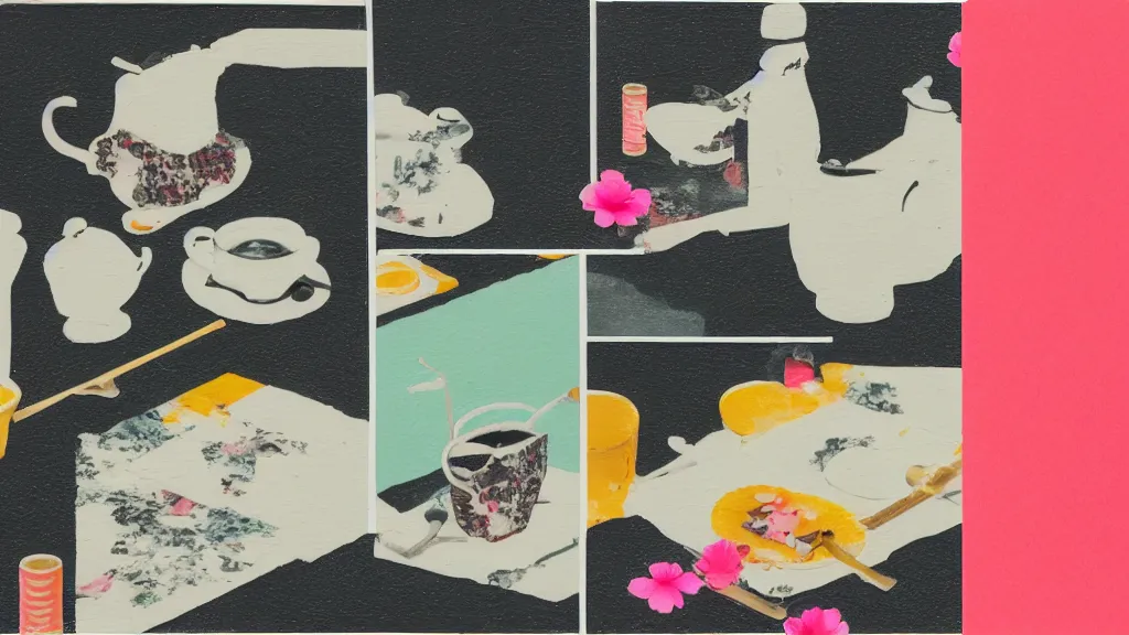 Image similar to a small tea setting, japan, a collage painting, in the style of wes anderson, lola dupre, david hockney, isolated on negative white space background dark monochrome neon spraypaint accents volumetric octane render