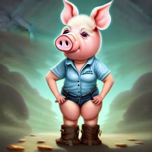 Prompt: cute little anthropomorphic funny female pig wearing shorts, a hat, boots and a pale blue shirt!! tiny!! fully clothed!!! small, short, cute and adorable, character art portrait, matte fantasy painting, deviantart artstation, by jason felix by steve argyle by tyler jacobson by peter mohrbacher, cinema