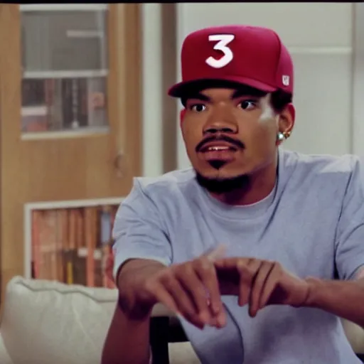 Image similar to a tv still of Chance The Rapper starring as a black college student at Jones College Prep in a 1993 sitcom