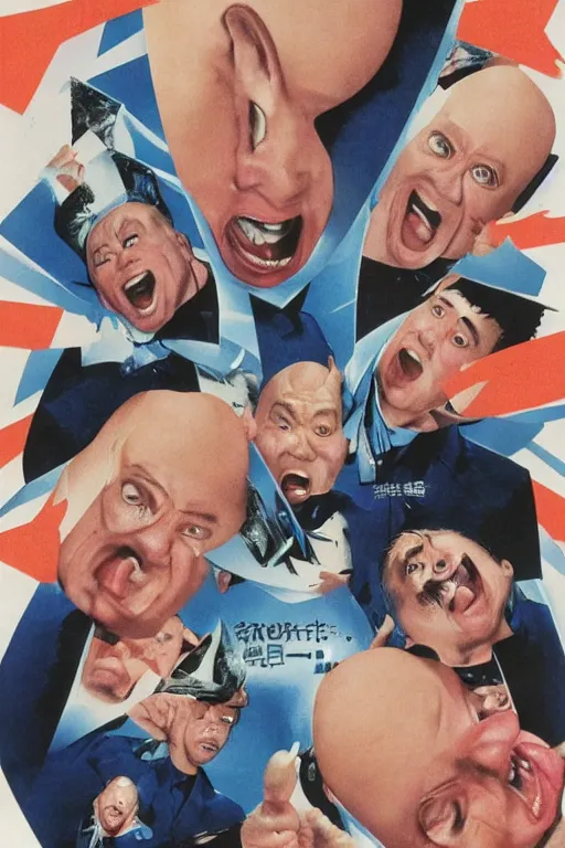 Image similar to coneheads, japanese vhs cover art, detailed facial expressions