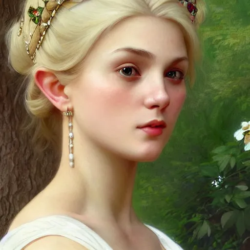 Image similar to 3/4 close up face Portrait of a beautiful Swedish princess in garden, white top, blond hair, piercing, intricate, elegant, highly detailed, artstation, concept art, intricate, highly detailed, sharp focus, exotic, orientalism, bouguereau, art by Artgerm and greg rutkowski and alphonse mucha