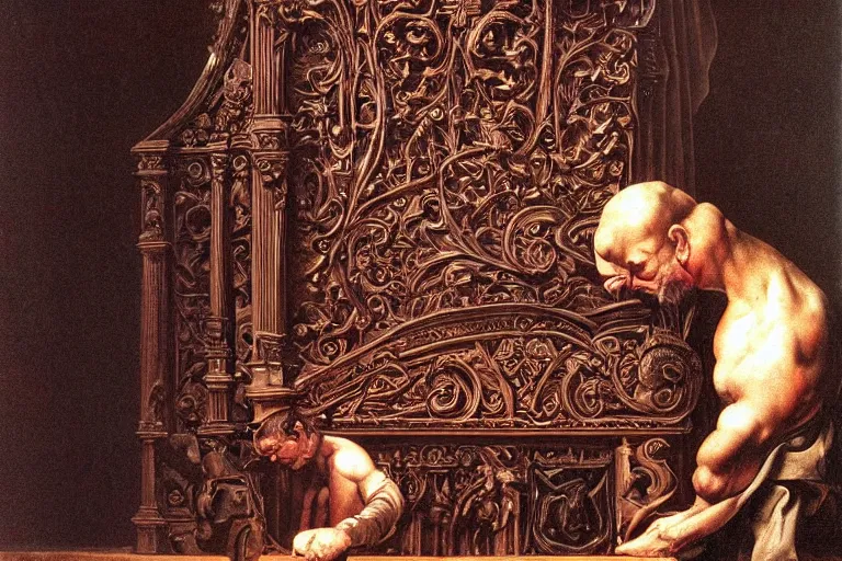 Image similar to pipe organ intricately carved from dark smoke, high detail baroque oil painting, alan lee, caravaggio, michelangelo