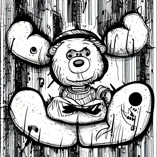 Prompt: grunge cartoon vector sketch of a teddy bear with bloody eyes by - dr seuss, loony toons style, horror theme, detailed, elegant, intricate