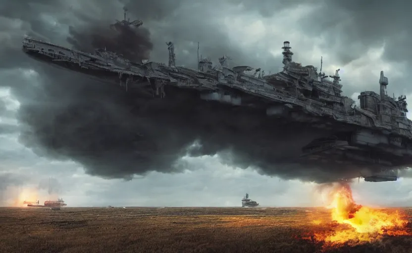 Prompt: an immense steampunk aircraft carrier crashed and burning in a field, thick black smoke billowing, turbulent storm clouds, dystopian, sharp focus, octane render, imax