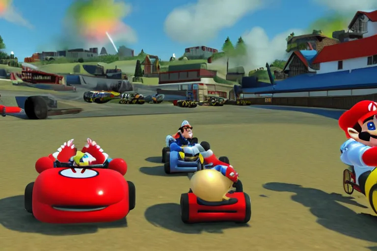 Image similar to mario kart at normandy beach, 1 9 4 5, ingame screenshot, highly detailed