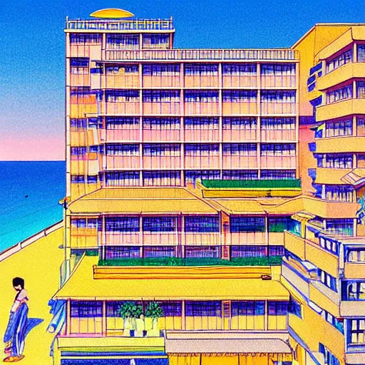 Prompt: a beautiful painting of a sunny day overlooking the beach from a hotel balcony by hiroshi nagai and hirohiko araki, detailed line art, vaporwave color scheme