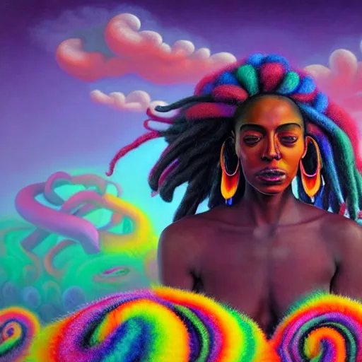 Image similar to a wide angle shot of a black girl with colorful dreadlocks in a field of candy, by Adi granov and afarin sajedi and amanda sage and evgeni gordiets and Agostino Arrivabene and adonna khare in a psychedelic portrait style, ultrarealistic matte painting, volumetric lighting, fractal, extremely symmetrical, highly detailed face, orisha, 8k, hd