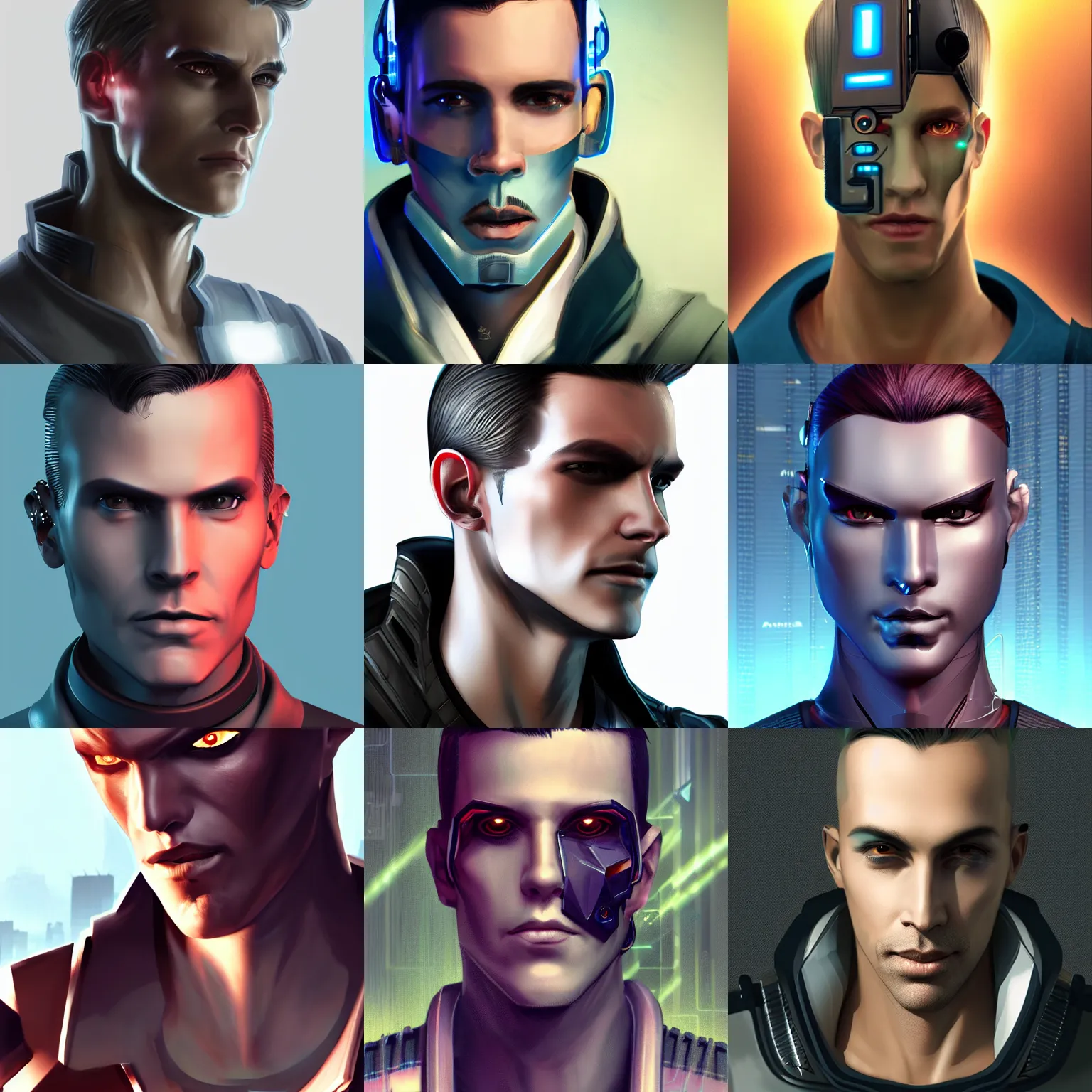 Prompt: Cyberpunk handsome male android with discreet facial implants. Character portrait showing him in full. Trending on ArtStation