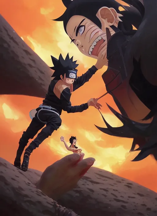 Image similar to highly detailed black hamburger eating naruto uzumaki with black hair, art by greg rutkowski, loish, rhads, ferdinand knab, makoto shinkai and lois van baarle, ilya kuvshinov, rossdraws, tom bagshaw, global illumination, radiant light, detailed and intricate environment