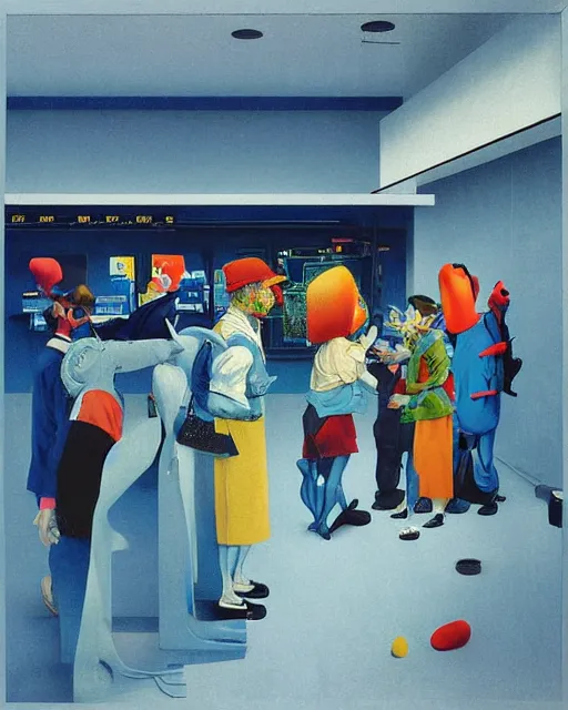 Image similar to square people conversing with blue dogs at a gas station with large oxygen tank in the style of Francis Bacon and Syd Mead and Norman Rockwell and Beksinski, open ceiling, highly detailed, painted by Francis Bacon and Edward Hopper, painted by James Gilleard, surrealism, airbrush, very coherent, triadic color scheme, art by Takato Yamamoto and James Jean