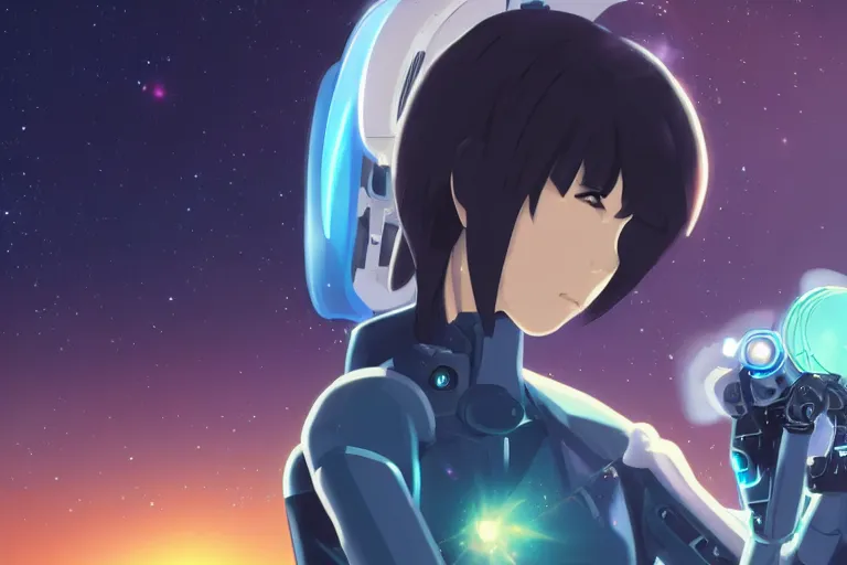 Prompt: makoto shinkai. robotic android girl. futuristic cyberpunk dystopia. vibrant nebula sky. hand.