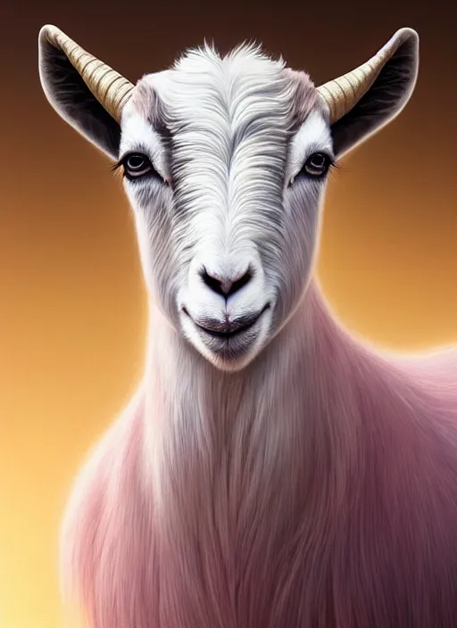 Image similar to dreamlike luxury stunning goat portrait, pale pink and gold, art by artgerm, wlop, loish, ilya kuvshinov, 8 k realistic, hyperdetailed, beautiful lighting, detailed background, depth of field, symmetrical face, frostbite 3 engine, cryengine,