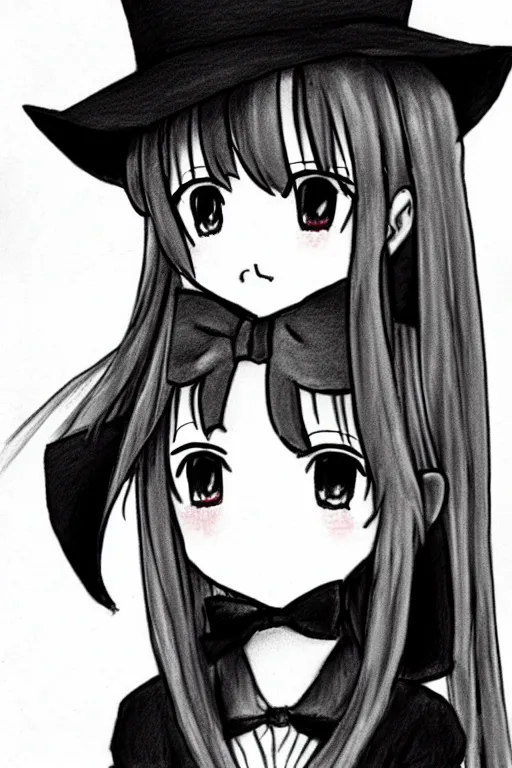 Image similar to highly detailed, cute loli in a tall black top hat, red bow, face profile, pencil sketch, gray scale, anime style