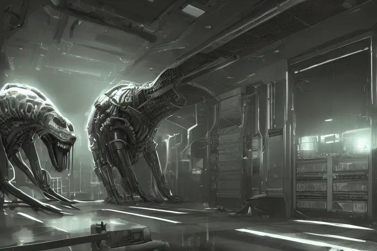 Prompt: parallax datacenter server room interior single mono colossus white rusty android guest robosaurus artstation cinematic detailed concept art volumetric light sharp coherent cgsociety symmetric perfect well balanced shadows lotr alien prometheus