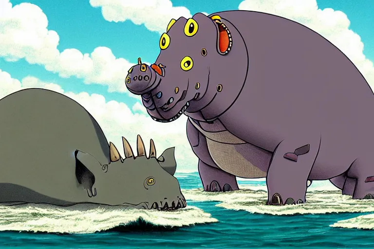 Prompt: cell shaded cartoon of a giant lovecraftian mechanized grey hippo from howl's moving castle ( 2 0 0 4 ), in an african river, full body, wide shot, very muted colors, post grunge, studio ghibli, highly detailed, deviantart, art by artgem