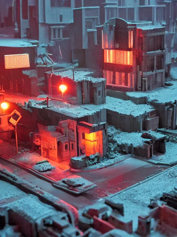 Image similar to mega detailed miniature voxel diorama abandoned labolatory, cold war era, brutalism architecture, suburban, hard lights are on in the windows, dark night, fog, winter, blizzard, uncozy and dark atmosphere, row of street lamps with cold orange light, several ruins nearby, 1 9 6 0