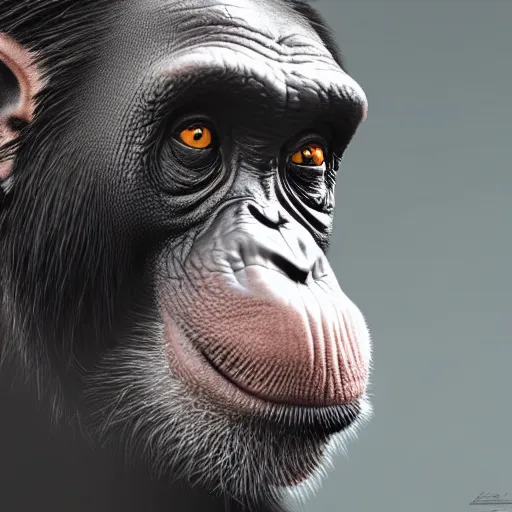 Image similar to a high detail shot of a chimp wearing a suit, smoking, render, cgsociety, photorealism