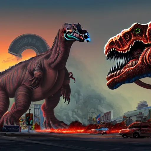 Prompt: Giant Tyrannosaurus Kaiju Stomping Down Main Street, Crushing Cars Under Its Feet, Destroying Buildings, Cracked Pavement, Footprints, Digital Painting on Artstation