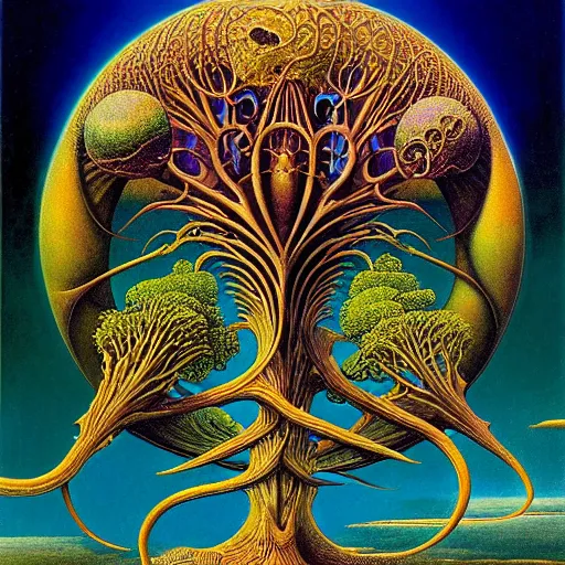 Prompt: divine chaos engine by roger dean and andrew ferez, tree of life, symbolist, visionary, detailed, realistic, surreality, art forms of nature by ernst haeckel, deep rich moody colors, botanical fractal structures