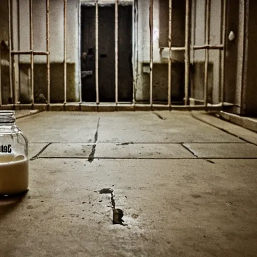 Prompt: bottle of milk in the floor inside a jailcell behind bars