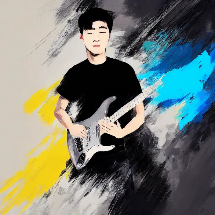 Image similar to minimal brush strokes painting of a young korean man wearing black t shirt holding a telecaster!!! electric guitar!!, dark background, huge dramatic brush strokes, matte colors, abstract, masterpiece, impressionist, trending on artstation