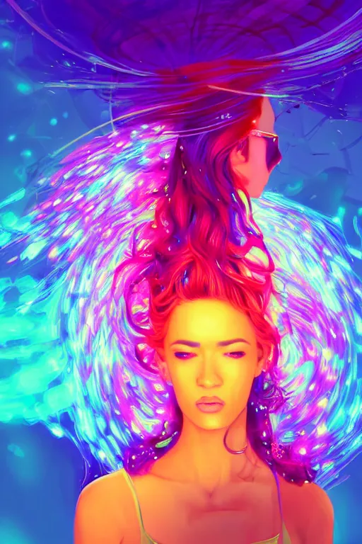 Prompt: a award winning half body portrait of a beautiful woman with stunning eyes in a croptop and cargo pants with rainbow colored ombre hairstyle head in motion and hair flying by thomas danthony, surrounded by whirling illuminated liquids, outrun, vaporware, shaded flat illustration, digital art, trending on artstation, highly detailed, fine detail, intricate