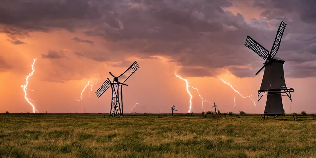 Image similar to photo of a stormy west texas sunset, perfect windmill, lightning, golden hour, high quality, beautiful!!!