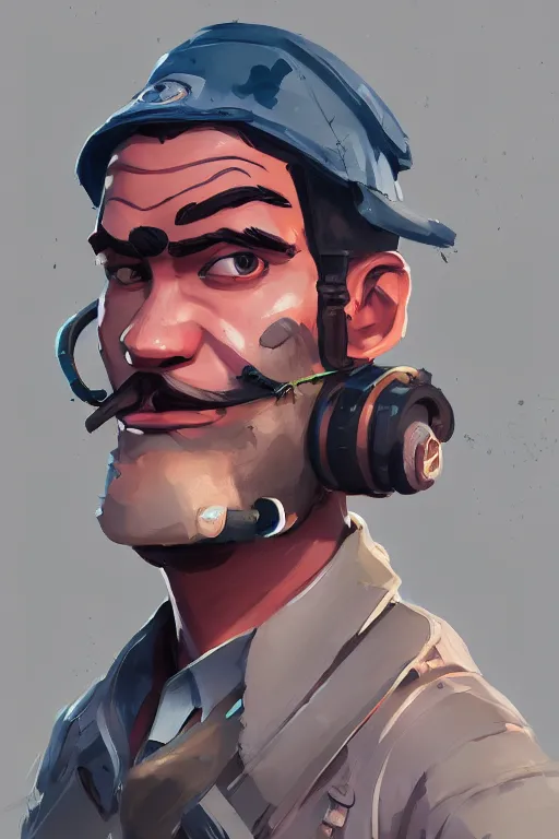 Image similar to beautiful highly detailed realistic stylized character portrait team fortress 2 engineer, detailed character art master portrait by ismail inceoglu, trending on artstation