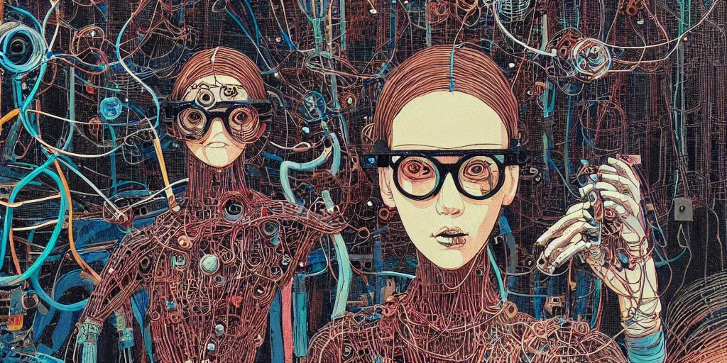 Prompt: risograph grainy drawing vintage sci - fi, antagonist girl, satoshi kon color palette, face covered with metal parts and wires, wearing futuristic glasses with lot of wires and arms, chicken parts around and on the background, parking lot, painting by moebius and satoshi kon and dirk dzimirsky close - up portrait