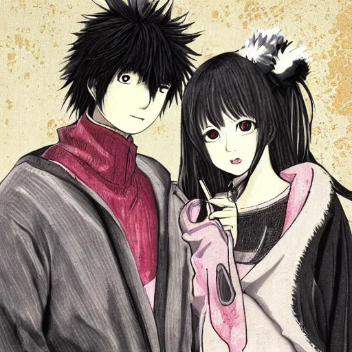 Prompt: zhongli and Tartaglia,Official character illustration,Popular on Pixiv,Death Note,fantasy cherry blossom background