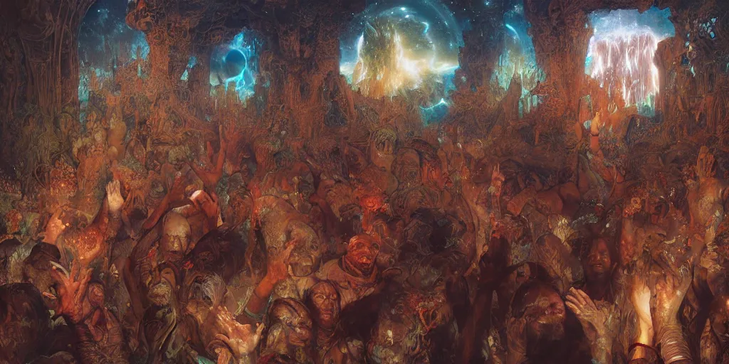 Image similar to supernova, stone jungles, people praying with hands up to the sky, stars, painted by steve mccurry, ruan jia, raymond swanland, lawrence alma tadema, zdzislaw beksinski, norman rockwell, jack kirby, tom lovell, alex malveda, greg staples