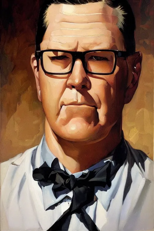 Prompt: kind faced, chubby hank hill, blank expression, painting by jc leyendecker!! phil hale!, angular, brush strokes, painterly, vintage, crisp