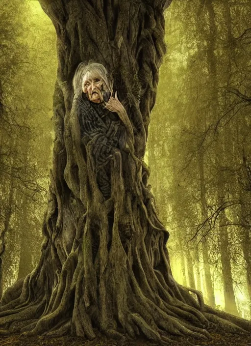 Prompt: a digital 3 d hyperrealistic hyperdetailed ancient tree with an old woman kind face covered with bark and moss, in a dark mysterious dark forest, dramatic mysterious lighting,