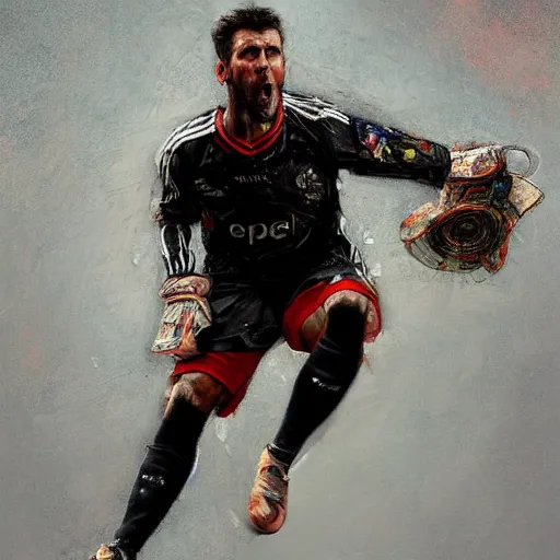 Image similar to A realistic hyperdetailed multi-colored digital oil full body portrait painting of a fat goal keeper jumping saving a shot, black jersey, in the style of Guy Denning, Ruan Jia, and Craig Mullins. Trending on ArtStation and DeviantArt. CGSociety Digital art.