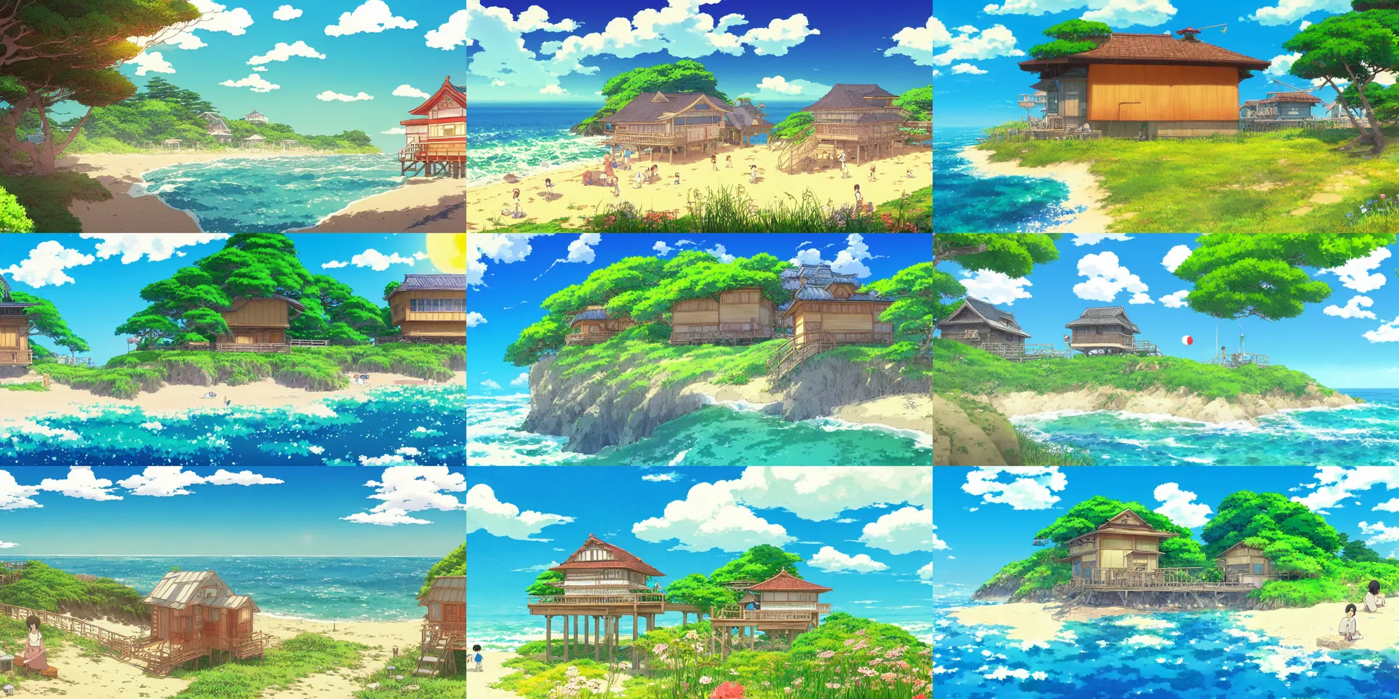 Image similar to atmospheric magical nostalgic summer's day storybook painting by studio ghibli of a japanese beach house on a sunny day by the ocean, in the anime film by Makoto Shinkai, shinkai wallpaper